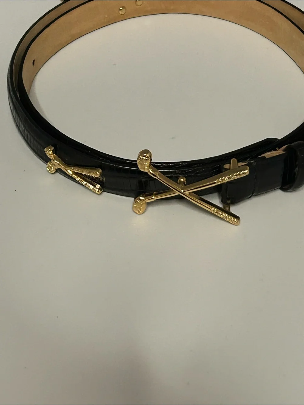 Black Leather Women's Belt with Gold Golf Club Motif